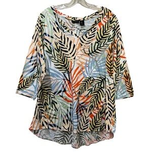 Tahari 1X Floral Palm Leaves 3/4 Sleeve V Neck Blouse O2